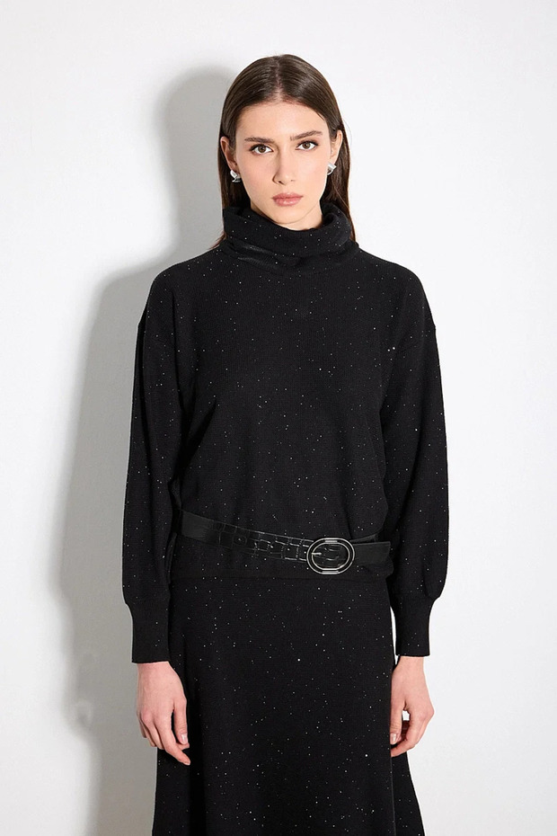Basic High-Neck Cotton Knitwear with Sequin Detail - Black