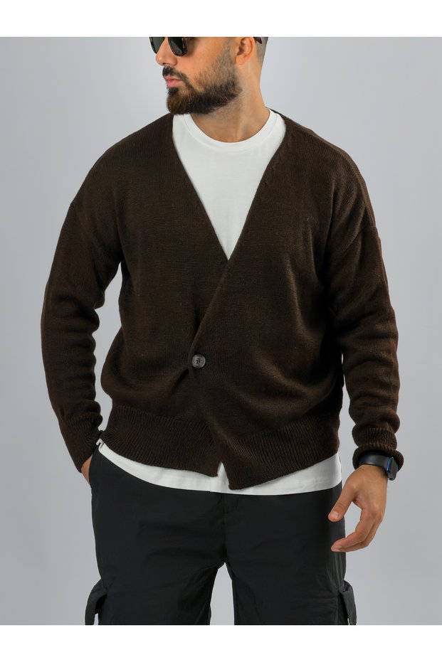 Single Button Brown Knitwear Men's Cardigan Coc3580