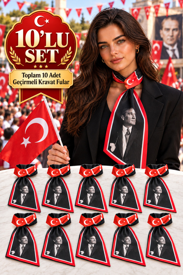 10-Piece Ataturk Turkish Flag Pattern Folk Style Neck Tie Scarf 175X13 cm