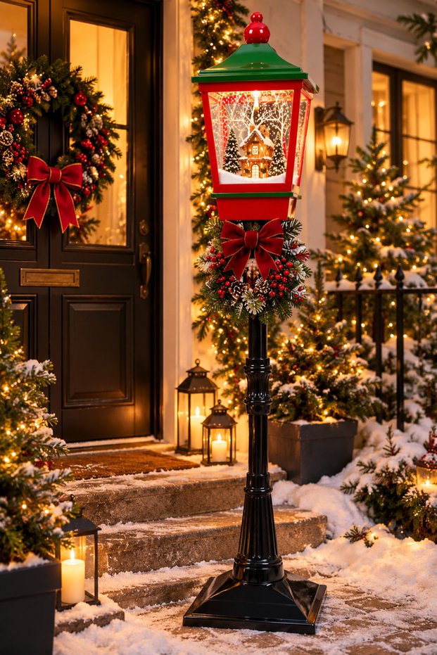 Can-Süs Large Size Illuminated and Sound-Activated New Year's Street Lamp – Decorative Lantern with Winter House Figure and Snow Effect