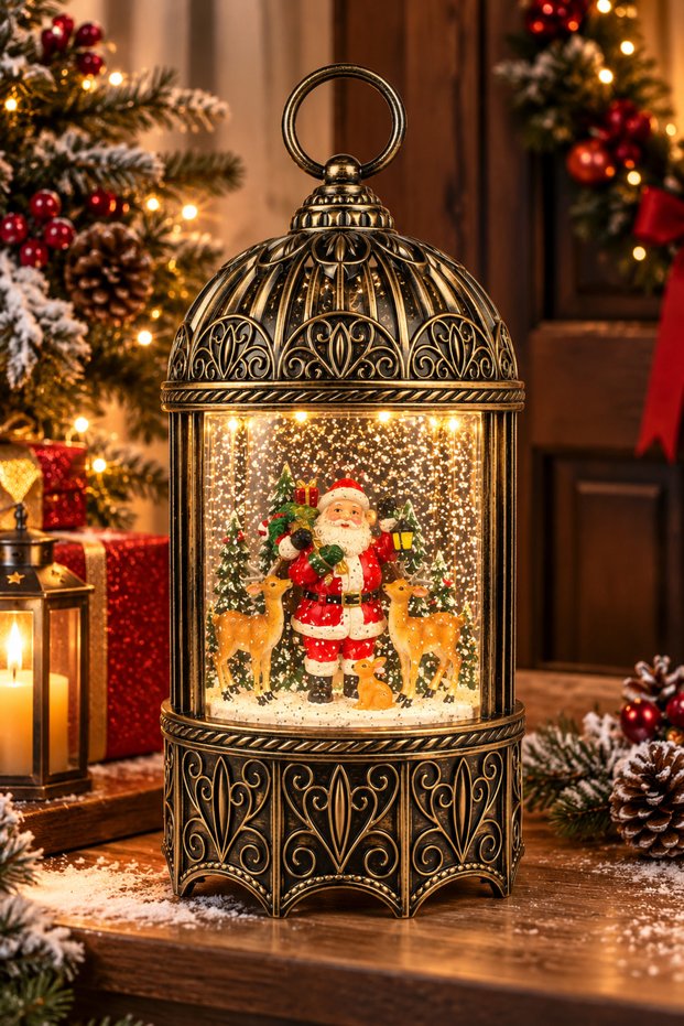 Can-Süs Vintage Illuminated Christmas Lantern – Snow Effect Decoration with Santa Claus & Deer Figures