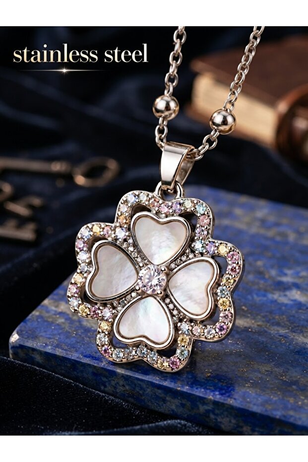 Silver Color Van Cleef White Stone Clover Dmala Stone Model Ball Chain Steel Necklace