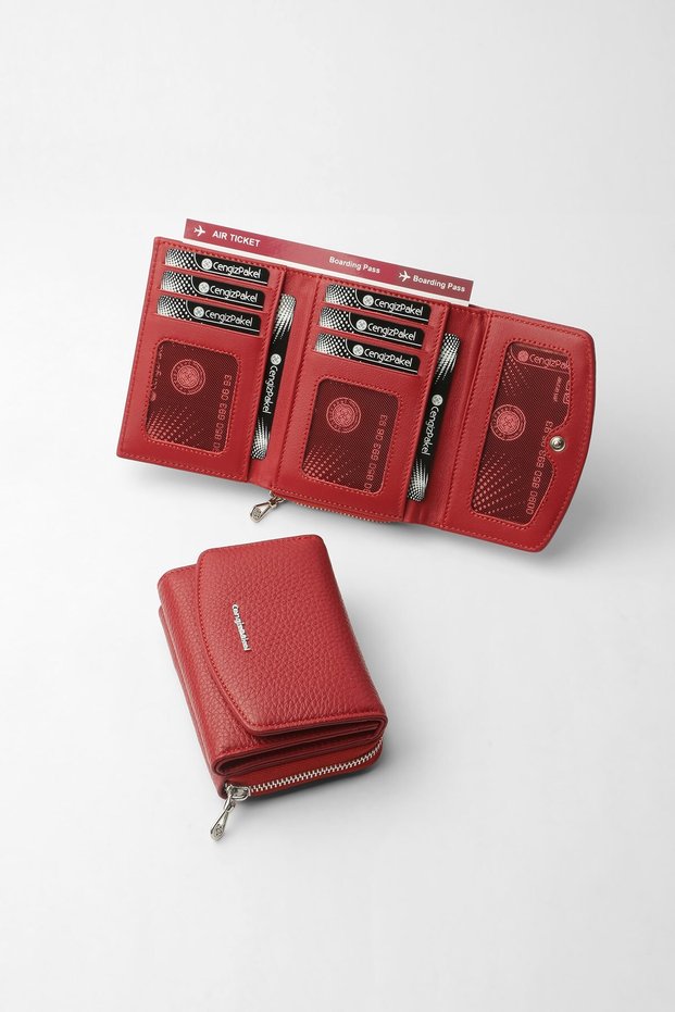 Genuine Leather Large Internal Volume Snap Fastener Women's Wallet Red - 65281