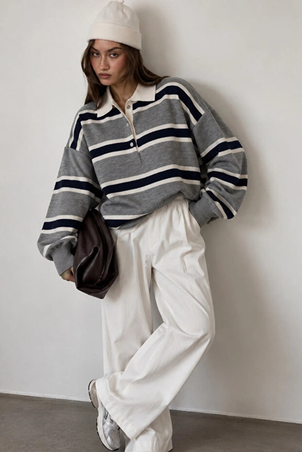 Striped Buttoned Polo Neck Knitwear Blouse