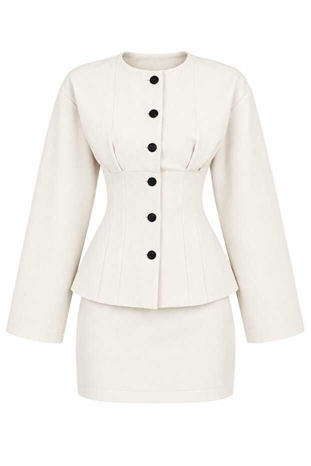 Ecru Pleated Jacket Skirt Set - 2Y30422