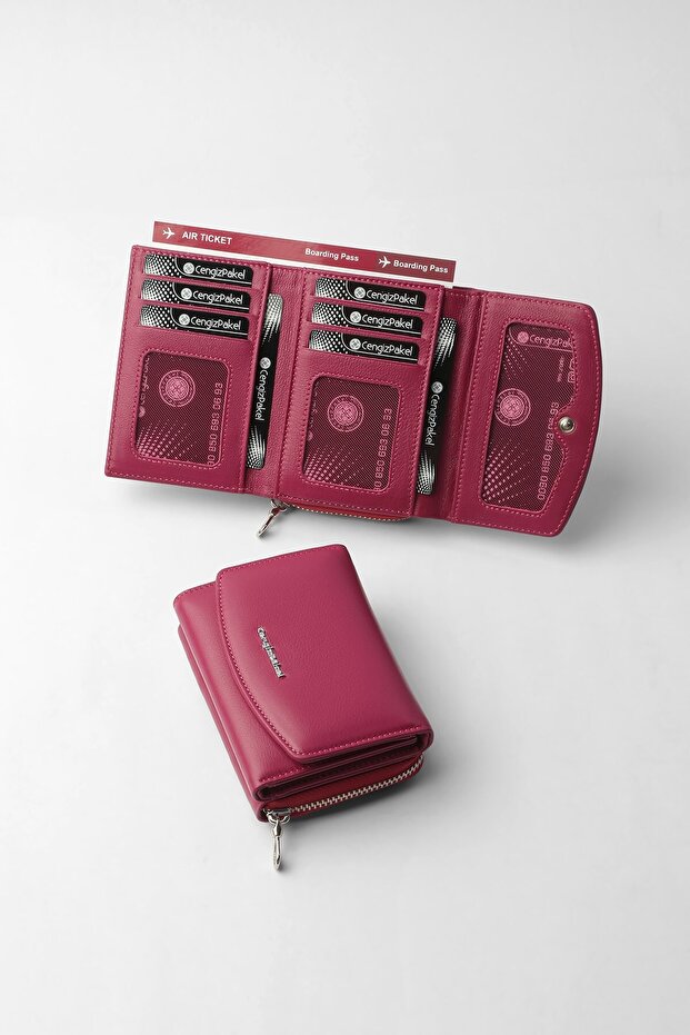 Genuine Leather Large Internal Volume Snap Fastener Women's Wallet Fuchsia - 65281