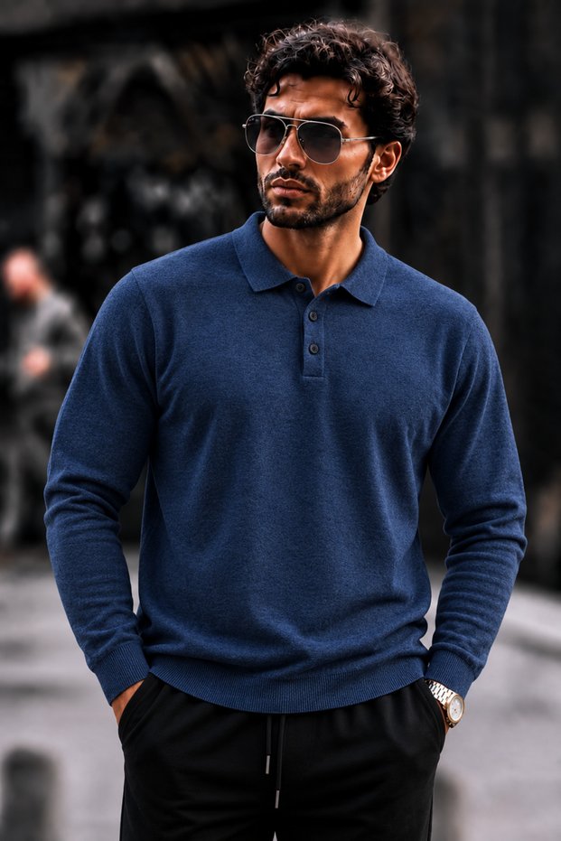 Men's Polo Collar Buttoned Regular Fit Blue Sweater