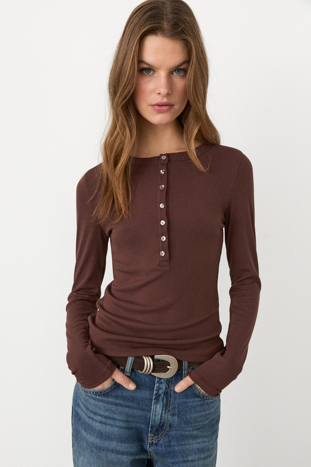 Vora women's front button round neck long sleeve brown blouse