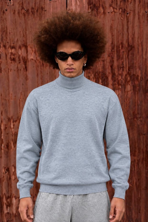 Men's Full Turtleneck Oversize Gray Knitwear Sweater