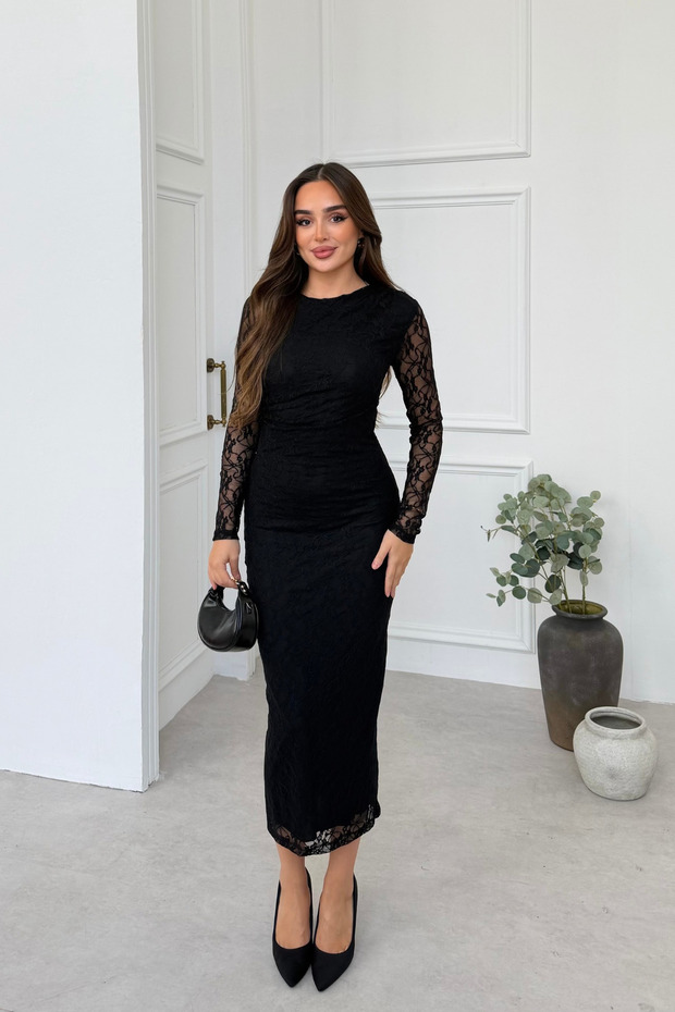 Women's Black Floral Patterned Lace Long Sleeve Cycling Evening Dress Midi Length Dress
