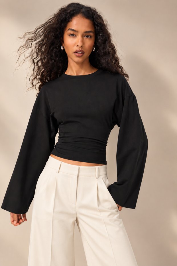 Women's Black Drawstring Detailed Long Sleeve Cotton Crop Blouse with Crew Neck