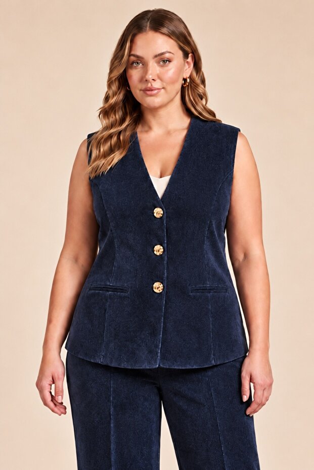 Velvet Buttoned Soft Textured Plus Size Vest Navy Blue