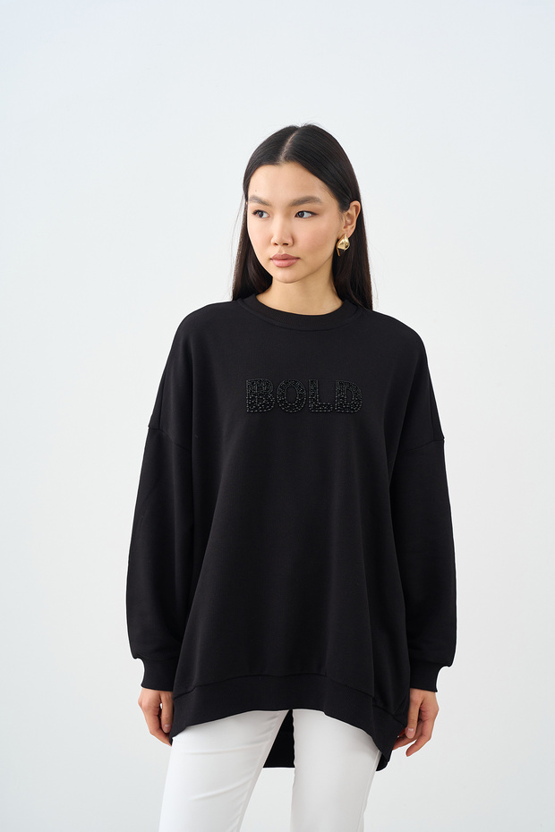 Women's Stone Embroidered Crew Neck Sweatshirt Black