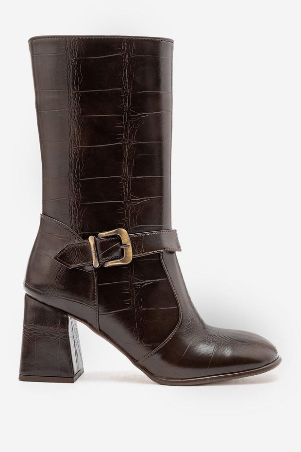 Alice Women's Bitter Brown Crocodile Buckle Detailed 7.5cm Heel Women's Long Boots