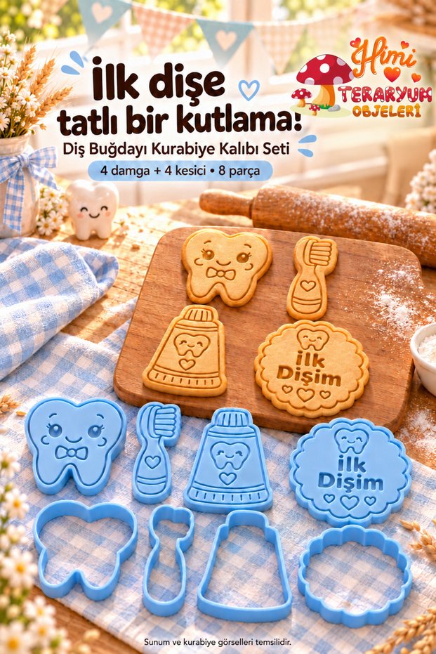 Teeth Wheat Cookie Mold Set 4 Figures 8 Pieces – My First Tooth, Tooth, Toothbrush and Toothpaste Stamp and Cutter