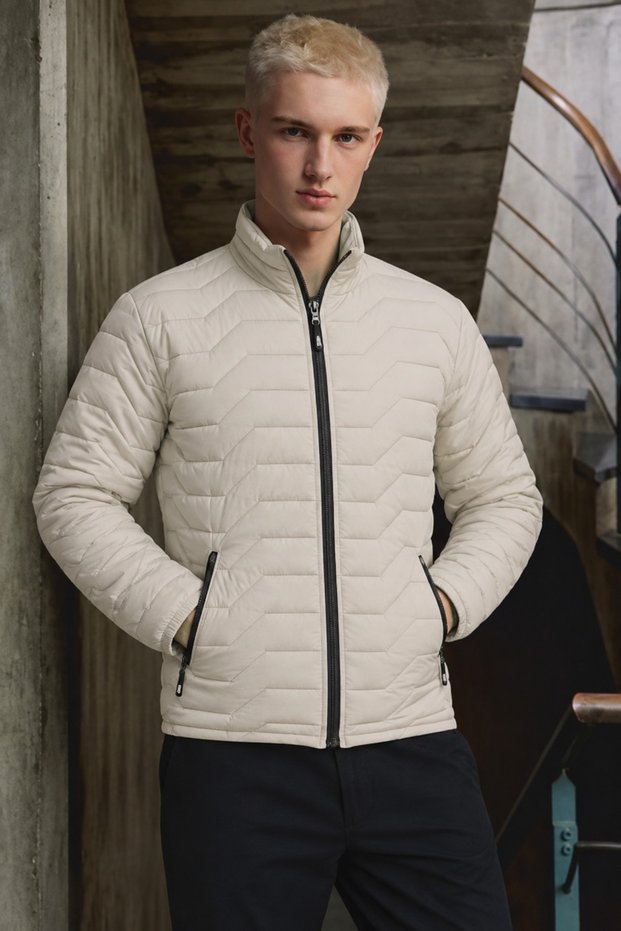 Men's Stand Collar Zippered Cream Puffer Coat