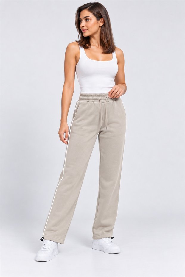 Women's Baggy Beige Women's Sweatpants with Side Piping and 3-Thread Rastered Stopper Legs