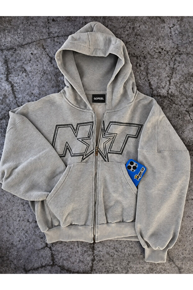 Nxt stone detailed oversize zippered hoodie