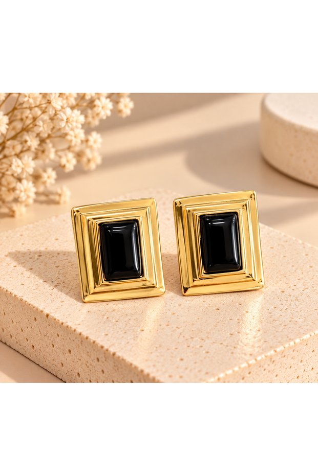 Women's Gold Black Brown Detailed Geometric Rectangular Earrings – Vintage Stylish Design