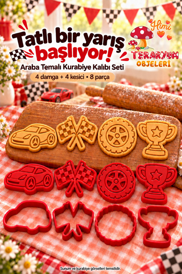 Car Themed Cookie Cutter Set Red 4 Figures 8 Pieces Sports Car Racing Flag Tire Mug Birthday Stamp Cutter