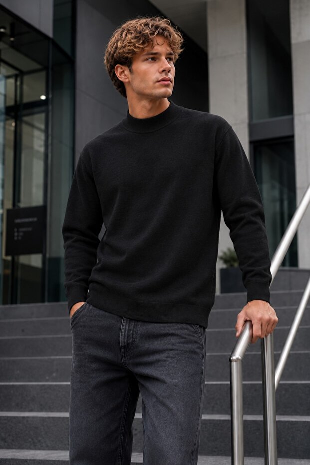 Men's Half Stand Collar Relaxed Fit Premium Black Sweater
