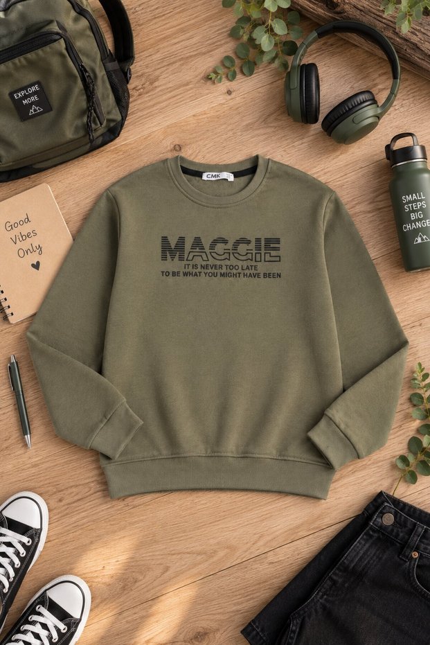 Khaki Boy's Text Printed Crew Neck Ribbed Long Sleeve Sweatshirt 24966