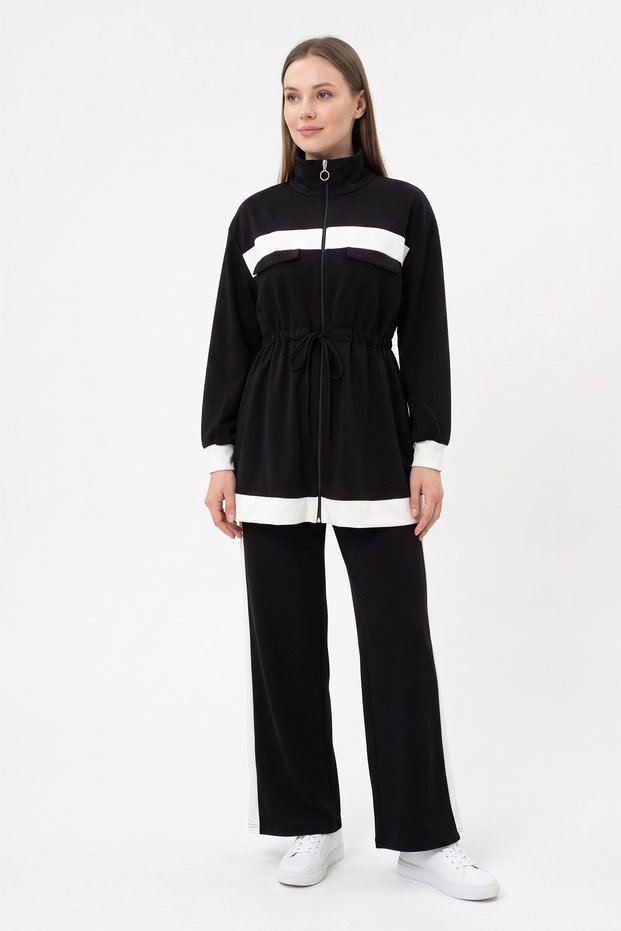 Stripe Detailed Waist Gathered Suit 89140 - Black
