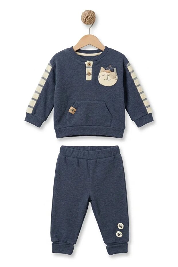 Baby Boy 3-24 Months Cat Patterned Double Tracksuit Set Indigo