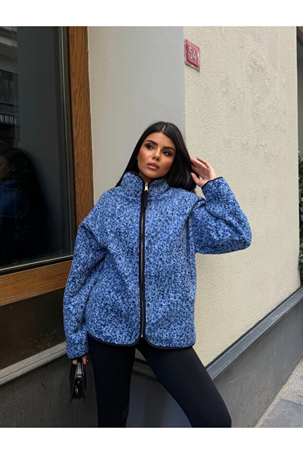 Women's Blue Zippered Oversize Plush Sweatshirt