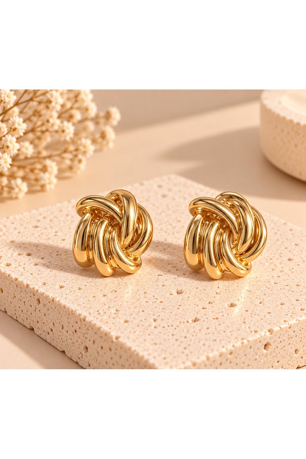 Women's Gold Knot Model Earrings – Large Vintage Earrings with Knitted Design