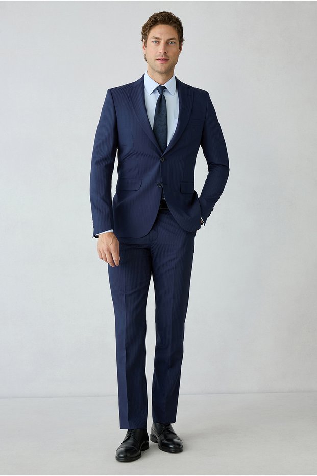 6 Drop Regular Fit Standard Cut Wool Striped Mono Collar Suit