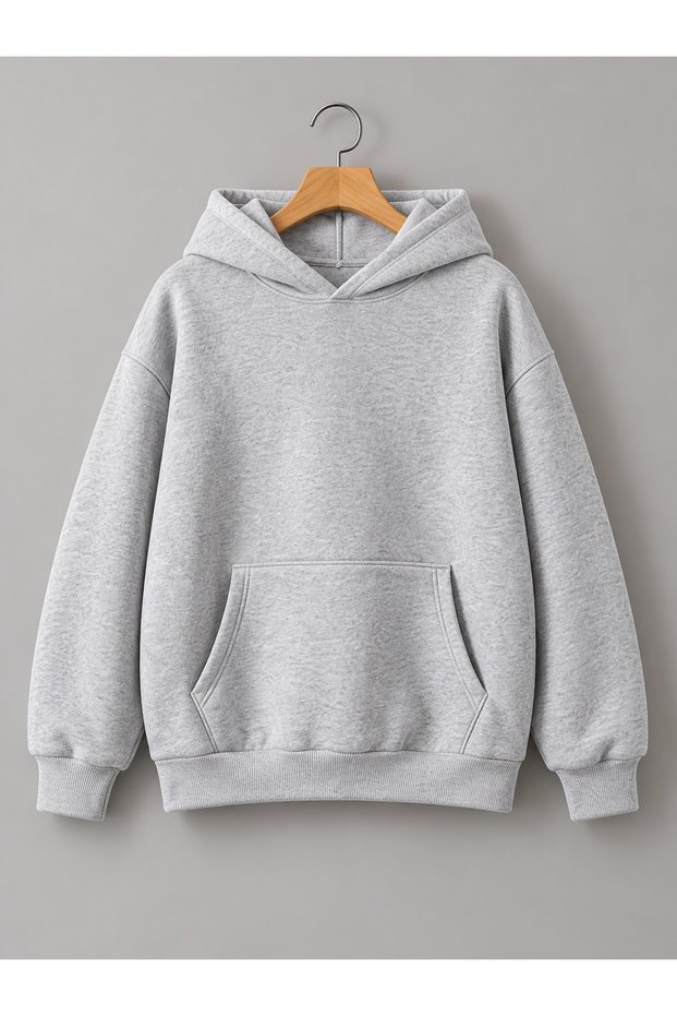 Unisex Oversize Black Plain Hooded Sweatshirt with 3 Thread Ribs and Kangaroo Pocket