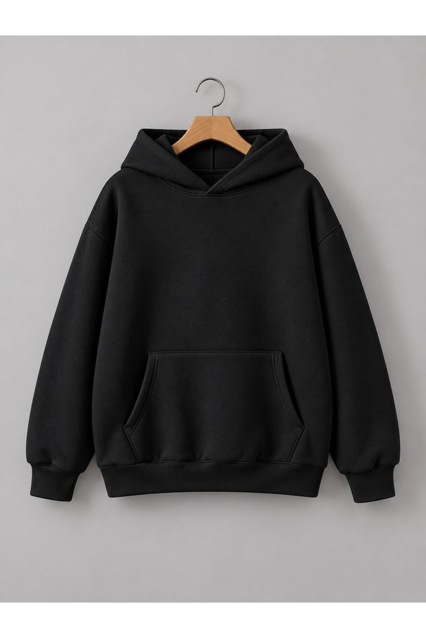 Unisex Oversize Black Plain Hooded Sweatshirt with 3 Thread Ribs and Kangaroo Pocket