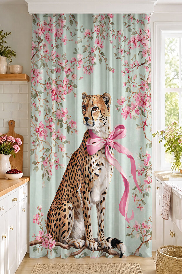 Digital Printed Single Wing Background Curtain with Pink Bow and Cheetah Figure between Flower Branches (Throw Pillow Gift)