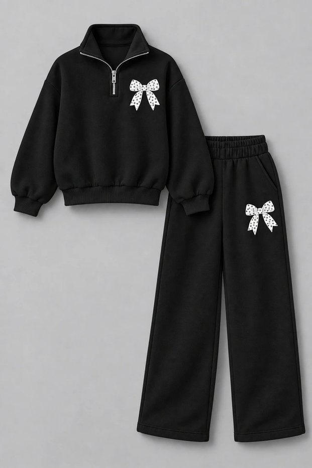 Children's Long Sleeve Dotted Bow Printed Half Zipper Sweatshirt Sweatpants Set