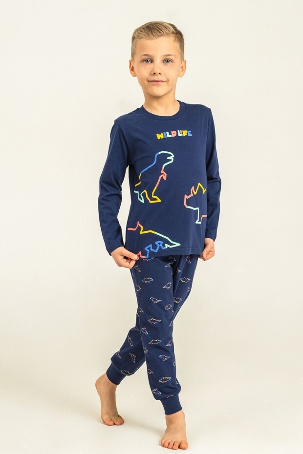 Boy's 3-9 Years Old Dinosaur Patterned Pajama Set Navy Blue