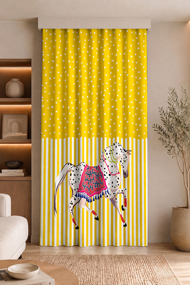 Polka Dot and Striped Digital Printed Single Wing Background Curtain with Spotted Horse Figure (Includes Throw Pillow as a Gift)