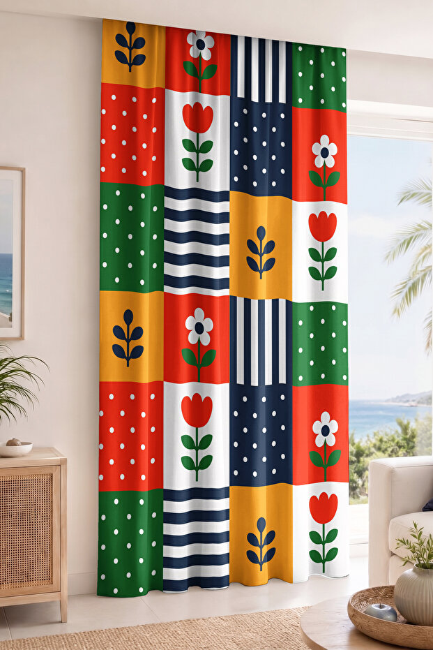 Patchwork Floral and Polka Dot Patterned Digital Printed Single Panel Background Curtain Decorative Living Room Curtain (Rural)