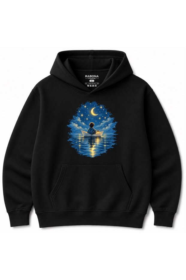 Moonlit Paper Boat Dream Graphic Hoodie