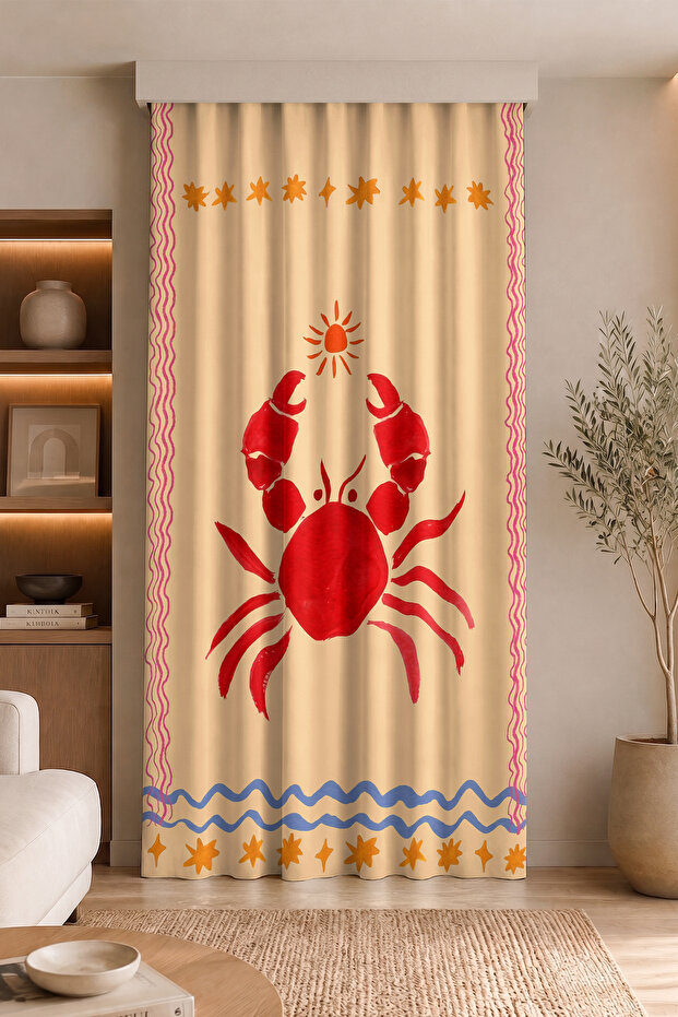 Red Crab Figured Sea Themed Digital Printed Single Wing Background Curtain Decorative Curtain (Throw Pillow)
