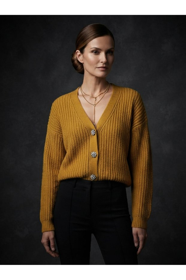 V-Neck Thessaloniki Knit Cardigan with Crystal Stone Buttons