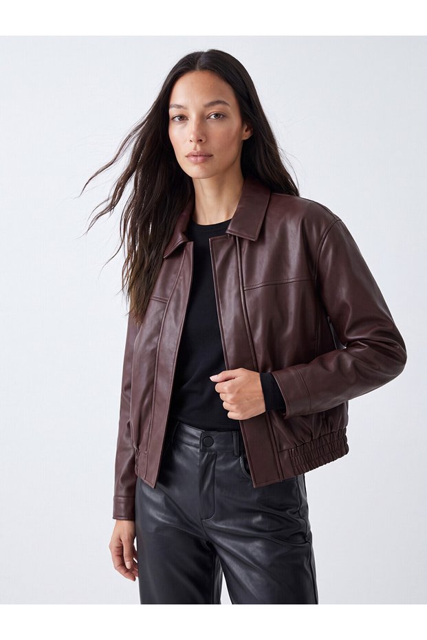 Two Mt Shop Quality Lcw Everyday Plum Faux Leather Plain Standard & Regular Women's Leather Look Jacket