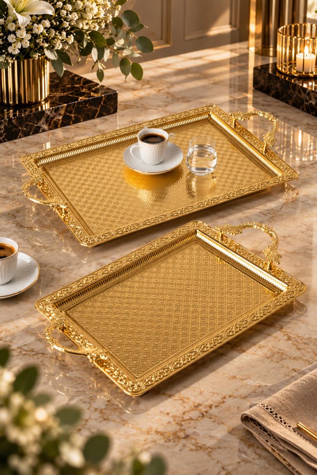 Luxury Set of 2 Stainless Steel Rectangular Trays – Patterned Serving and Presentation Tray, Non-Tarnishing, Non-Fading