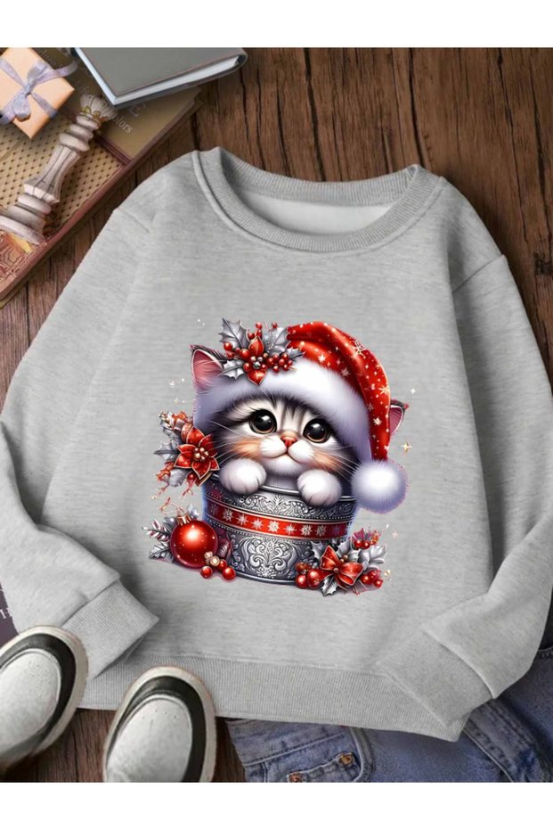 Unisex Women/Men Christmas Theme Cute Cat Printed Premium Crew Neck Oversize Wide Fit Sweatshirt Hoodie