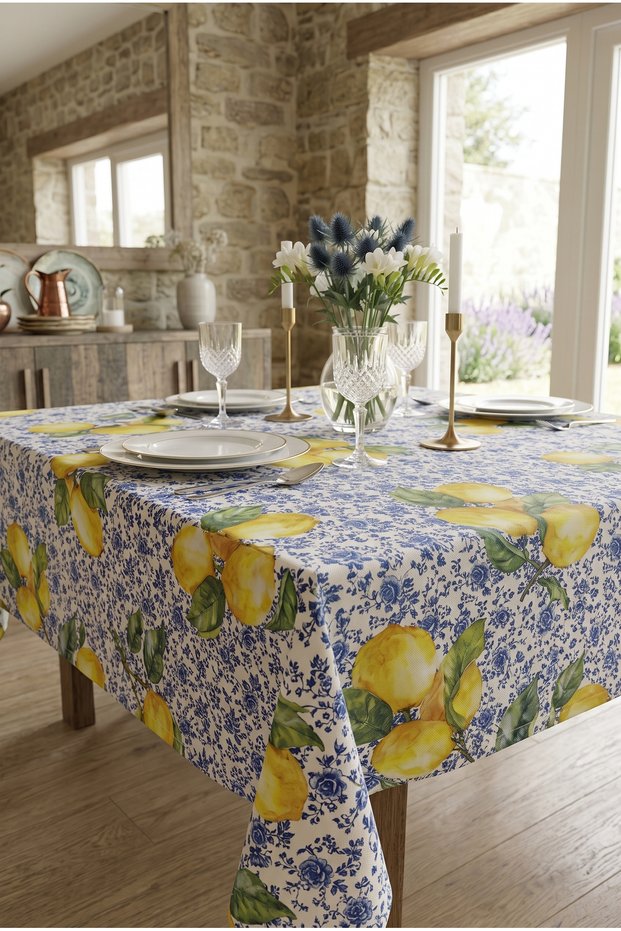 Stain-Resistant Lemon Patterned Tablecloth Provençal Lemon Patterned Tablecloth Premium Quality Thick Fabric