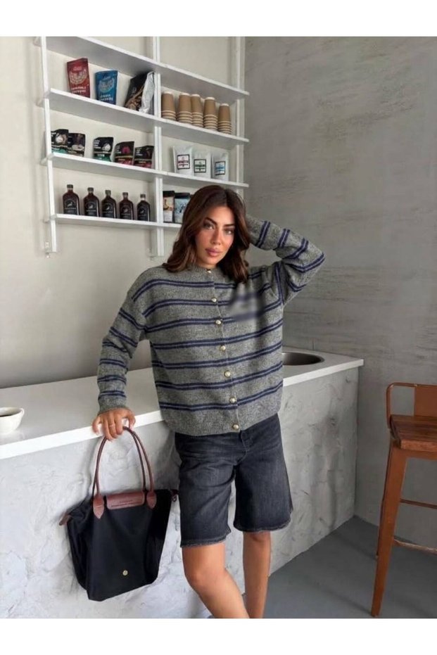 Mı Mu Gray-Navy Blue Striped Buttoned Knitwear Cardigan