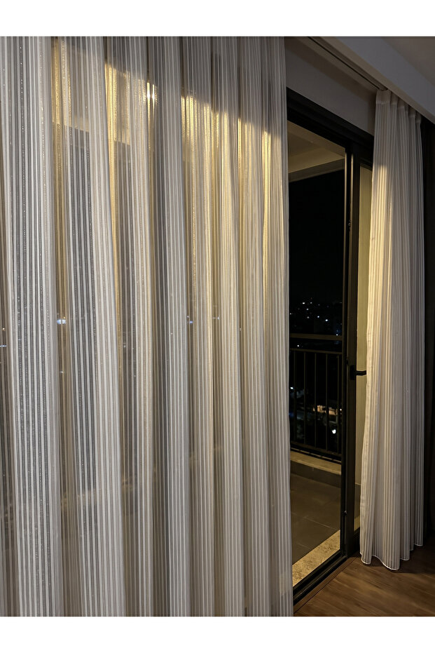 Vertical Corded Striped Tulle Curtain, 1/3 Dense Pleats, Off-White Glitter
