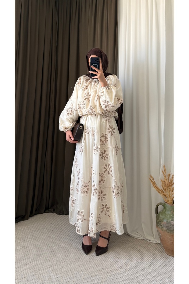 Floral Embroidered Skirt Set -3254 - Cream