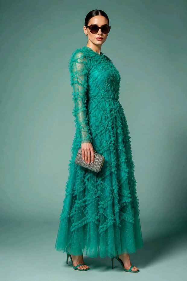 Women's Emerald Green Tiered Ruffle Tulle Layered Long Evening Dress / Evening Gown