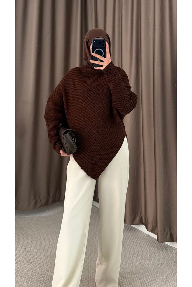 High-Neck Asymmetrical Cut Knit Sweater - 20370 - Bitter Brown